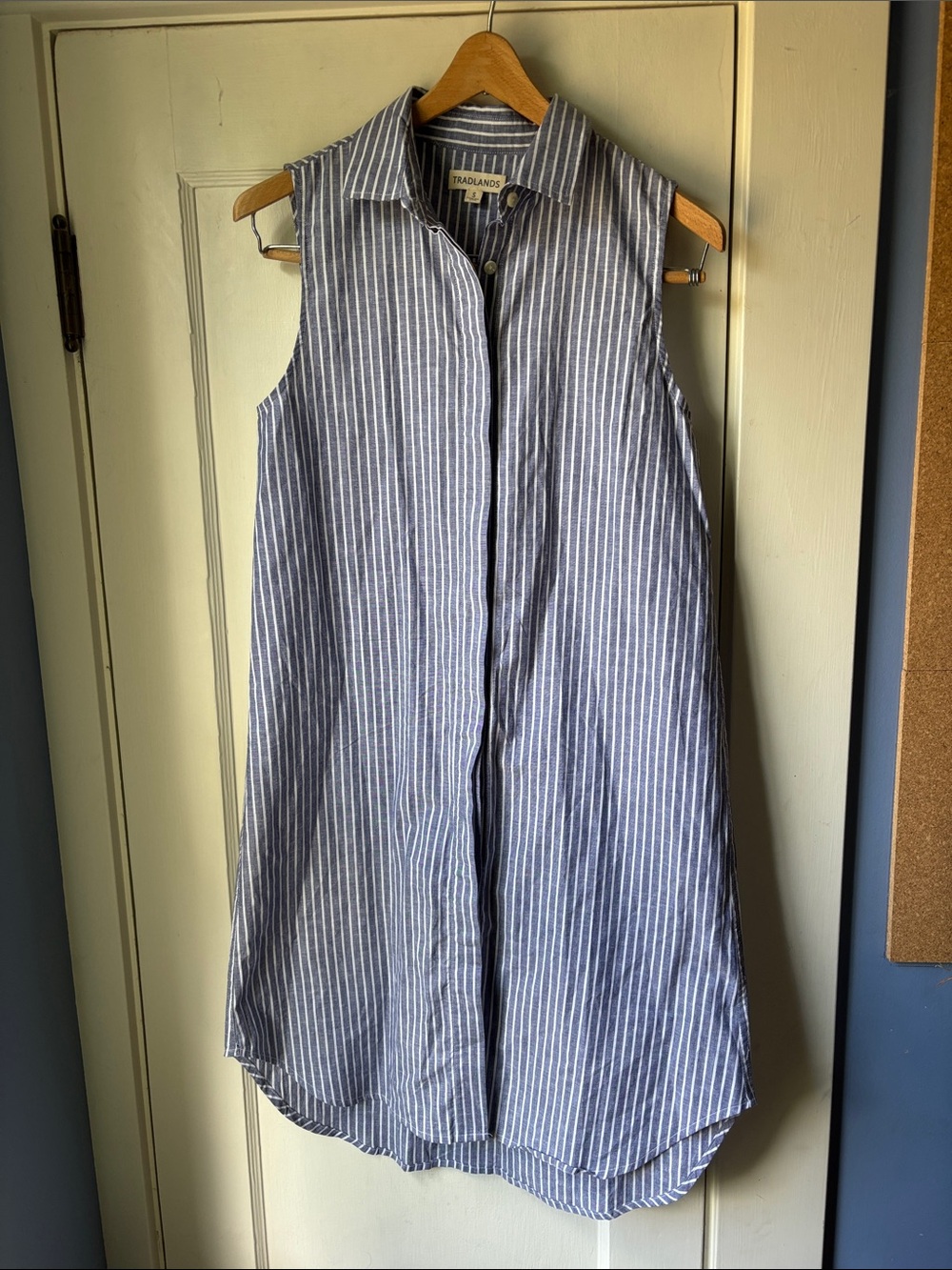 Tradlands Blue and White Striped Sleeveless Shirt Dress
Size S
NWOT
